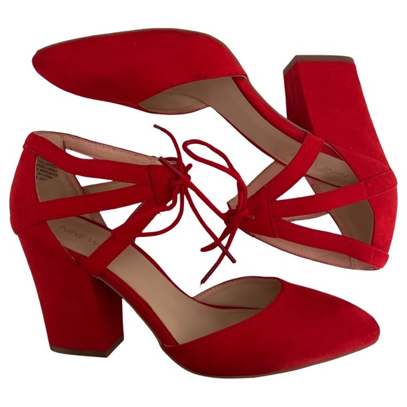 NINE WEST • Bright Red Stefani Suede Strappy Pointed Toe Block High Heels - Picture 10 of 14